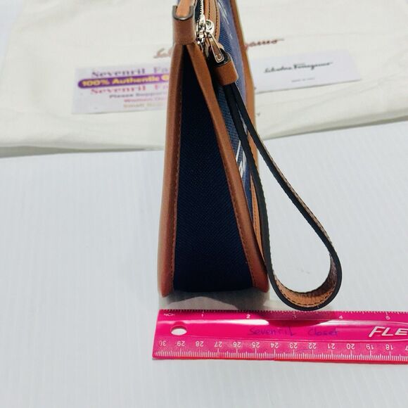 NWT Salvatore Ferragamo Men Navy Canvas Leather Trim Logo Clutch Pouch Bag - Picture 6 of 9